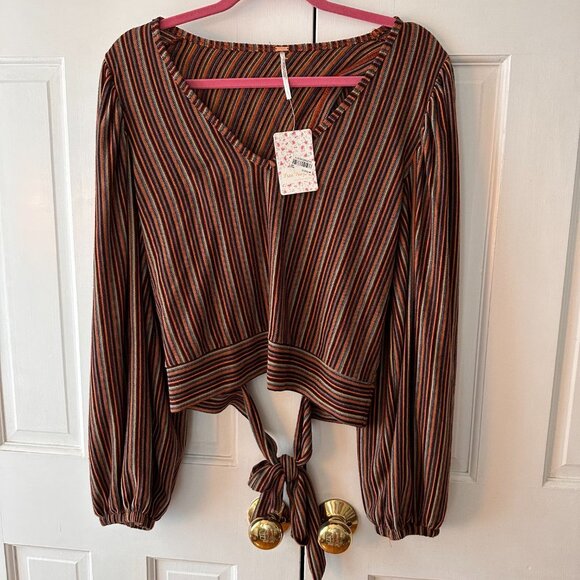 FREE PEOPLE  Autumn Nights Striped Open-back Top Navy Combo - Picture 6 of 8